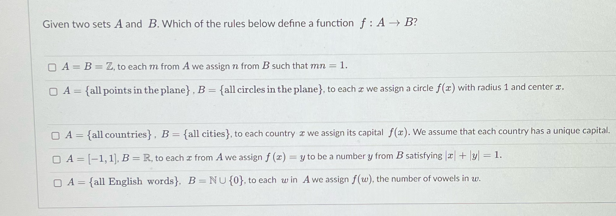 Given two sets A and B. Which of the rules below