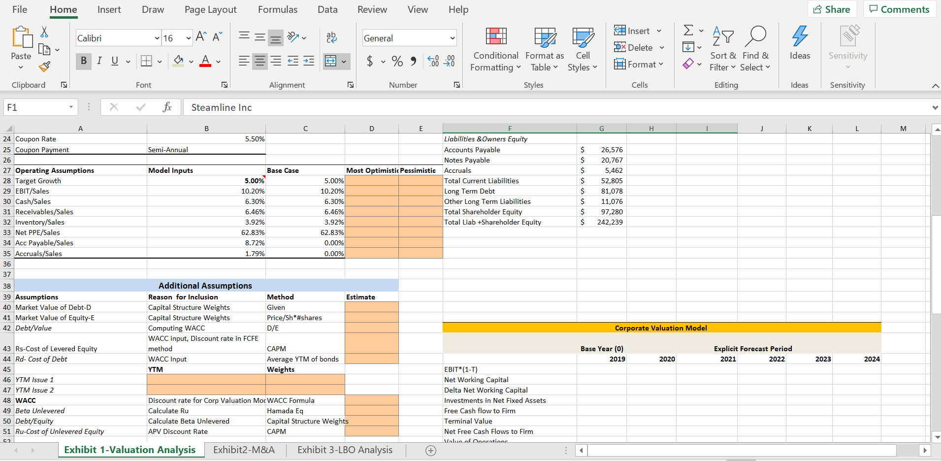  Income statement , Balance Sheet , Corporate Valuation Model, APV Compressed