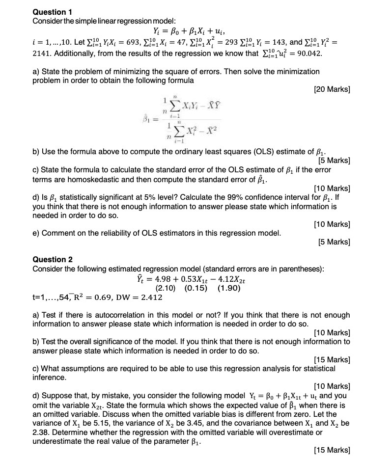  Question 1 Considertheslmple linear regression model: Yr = 15':- +513: +ur.