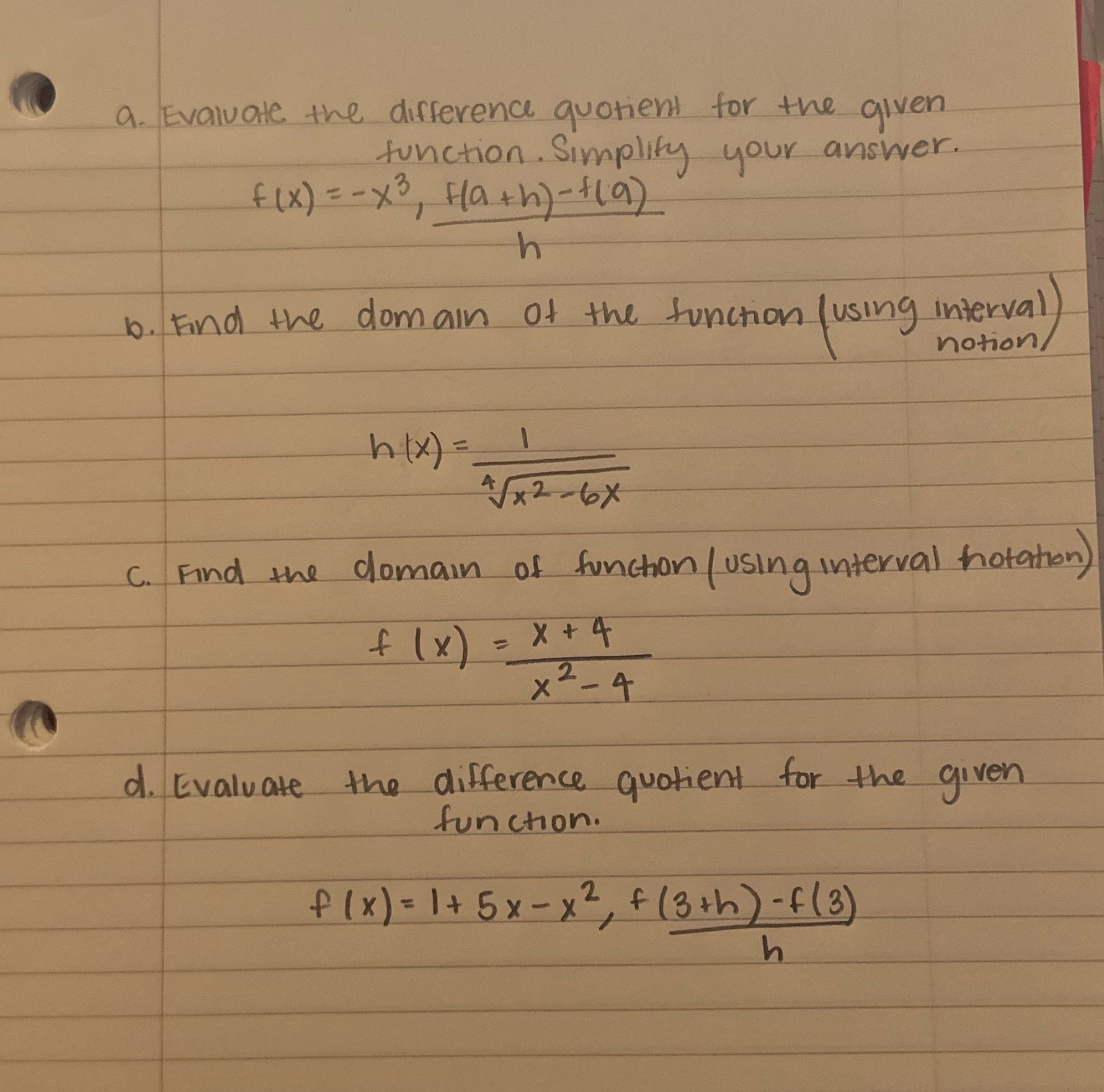  a. Evaluate the difference quotient for the given function. Simplify your