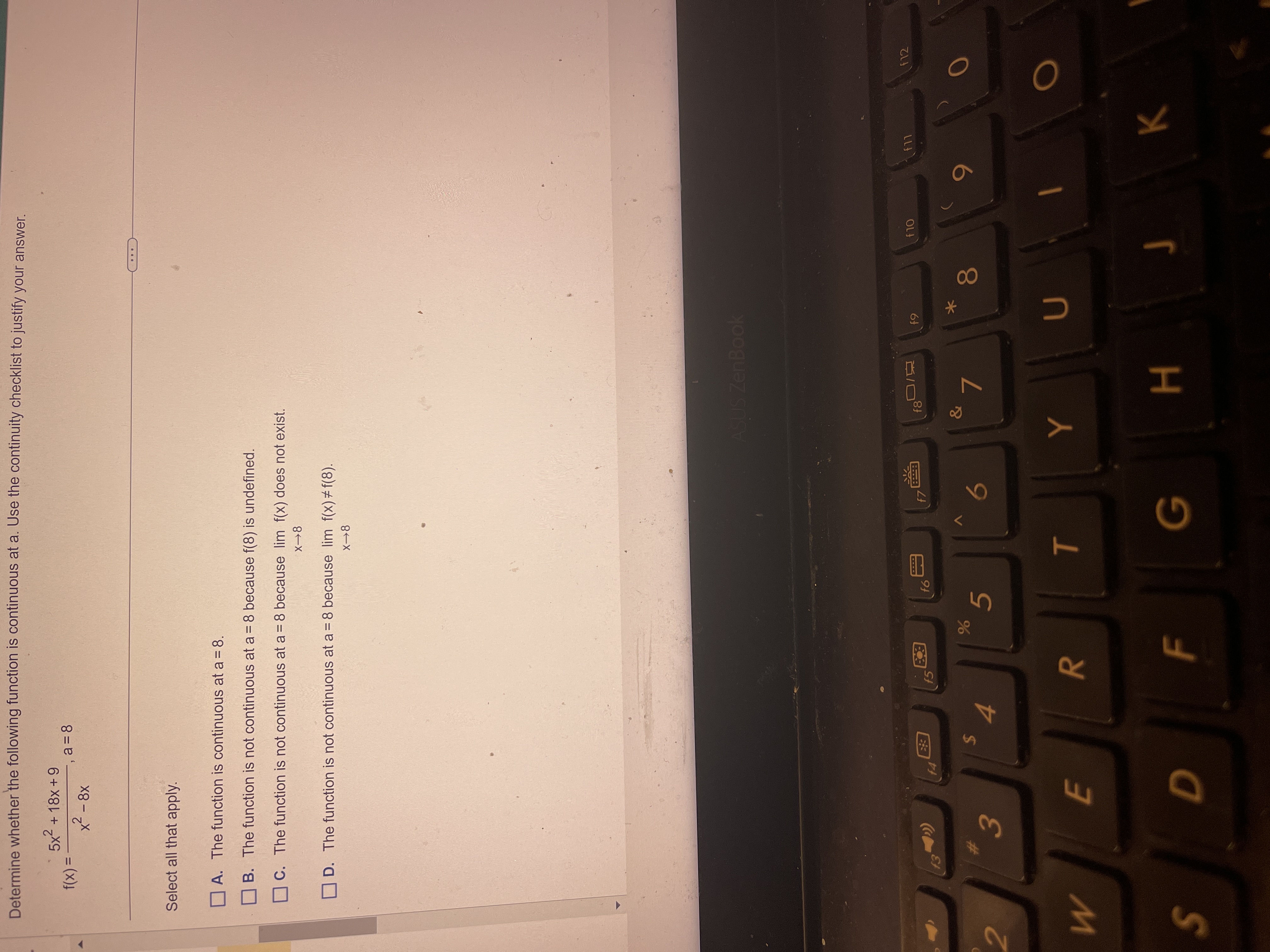 continuity checklist to justify your answer. 5 x2 + 18x+ 9 f