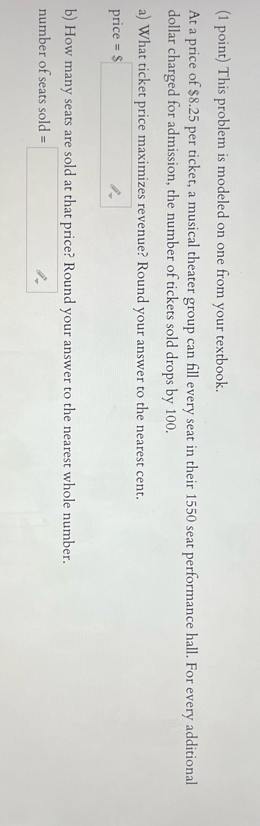 (1 point) This problem is modeled on one from your textbook.