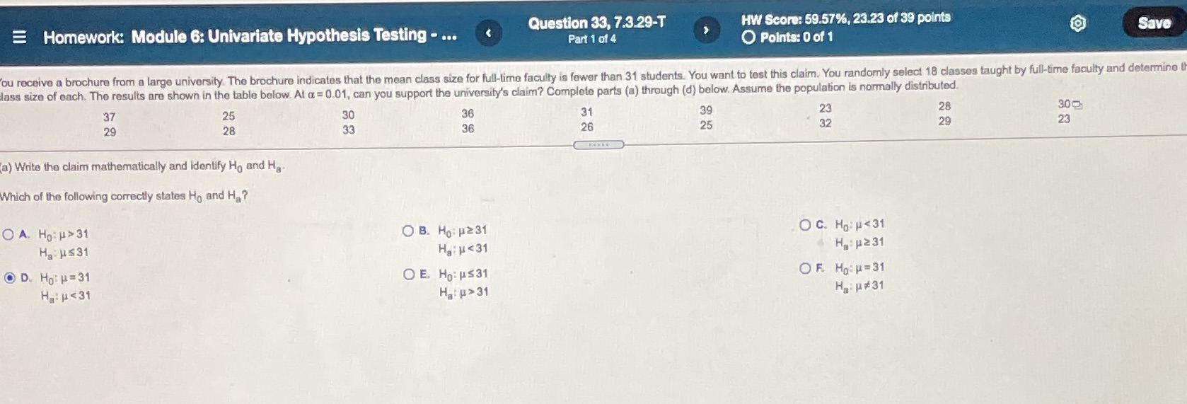 Homework: Module 6: Univariate Hypothesis Testing - ... Question 33, 7.3.29-T