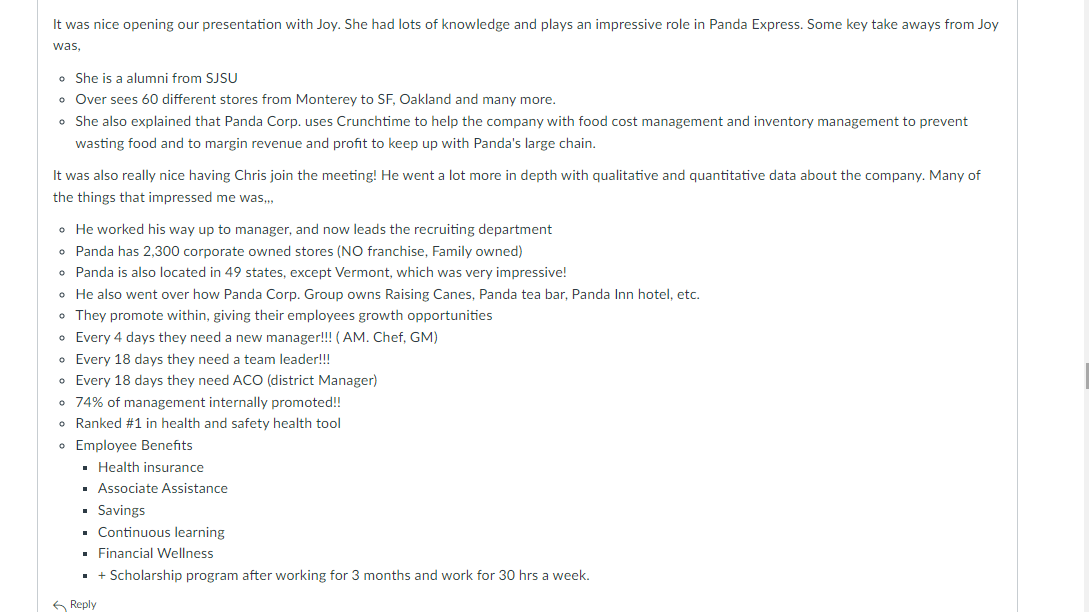 Discussion: Panda Express Guest Speaker Presentation. Ms. Joy Hsu from Panda Restaurant