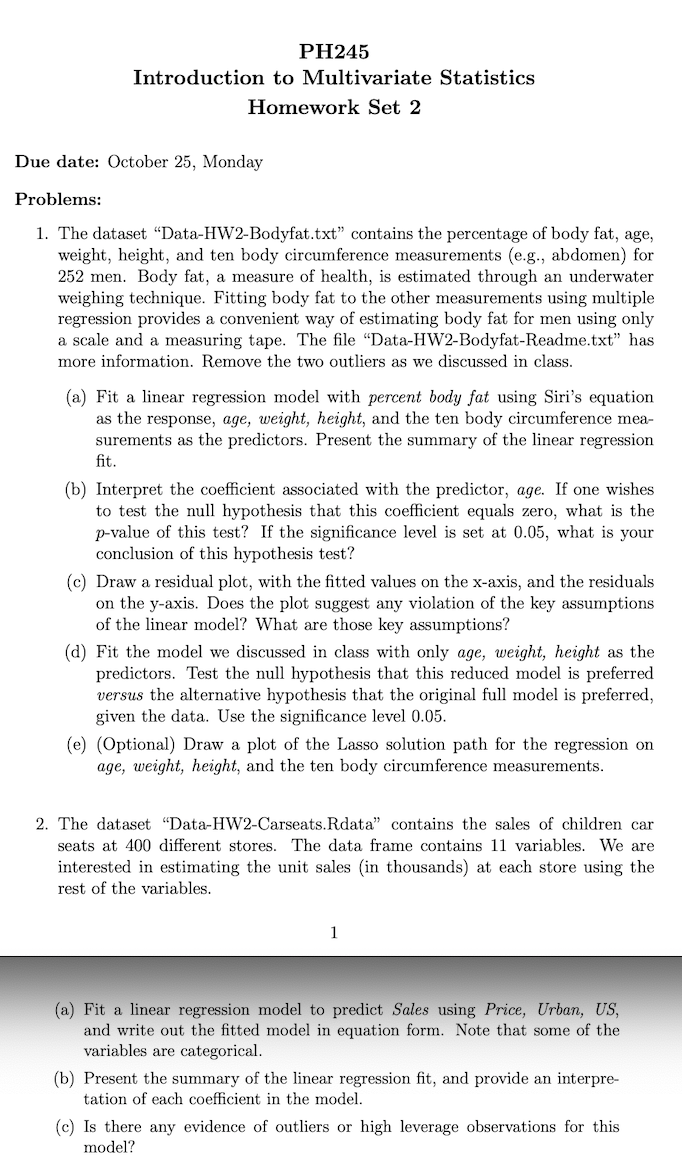 25, Monday Problems: 1. The dataset "Data-HW2-Bodyfat.txt" contains the percentage of body