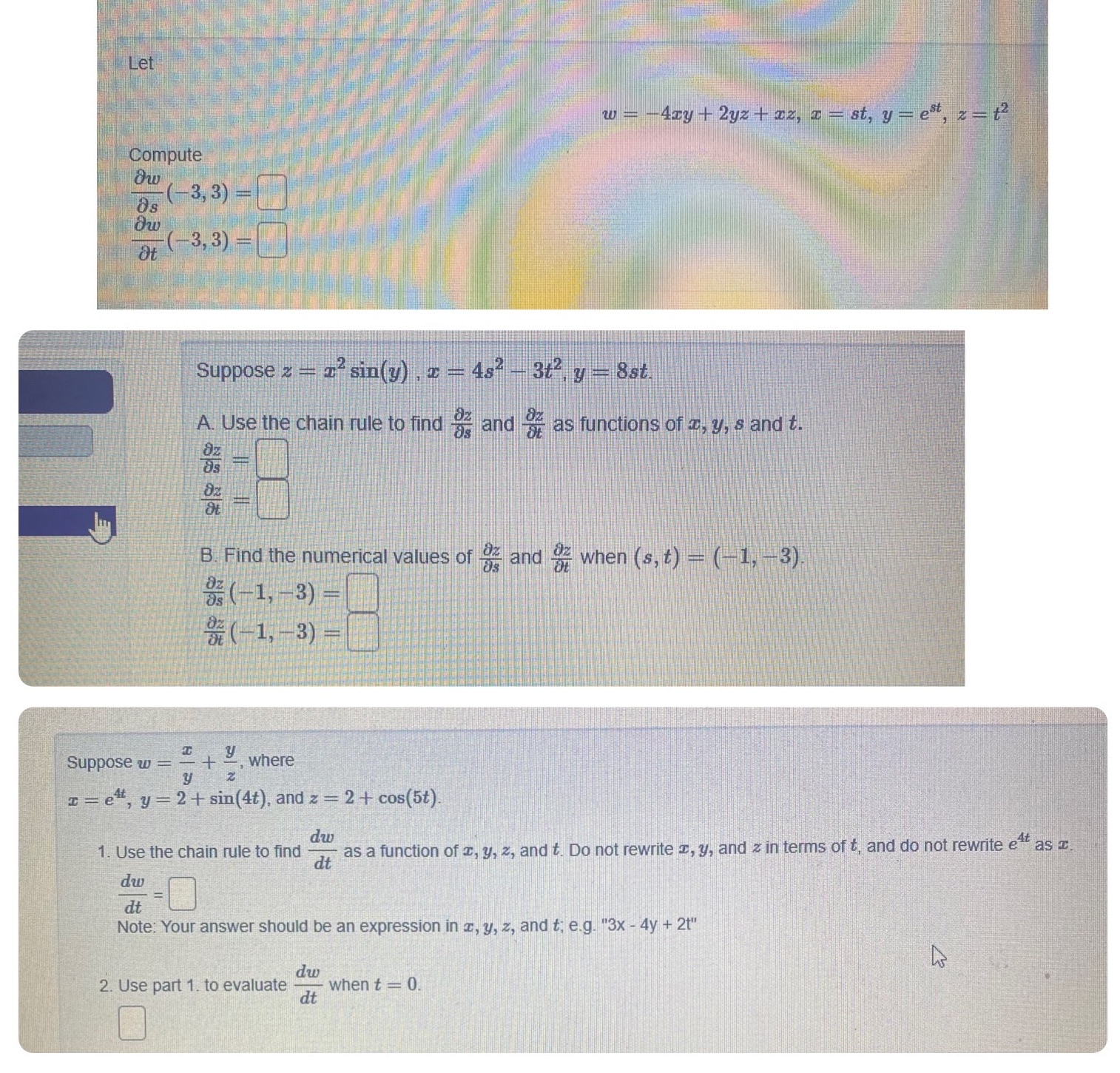 Please need an answer to these 3 asap Let w = -4zy