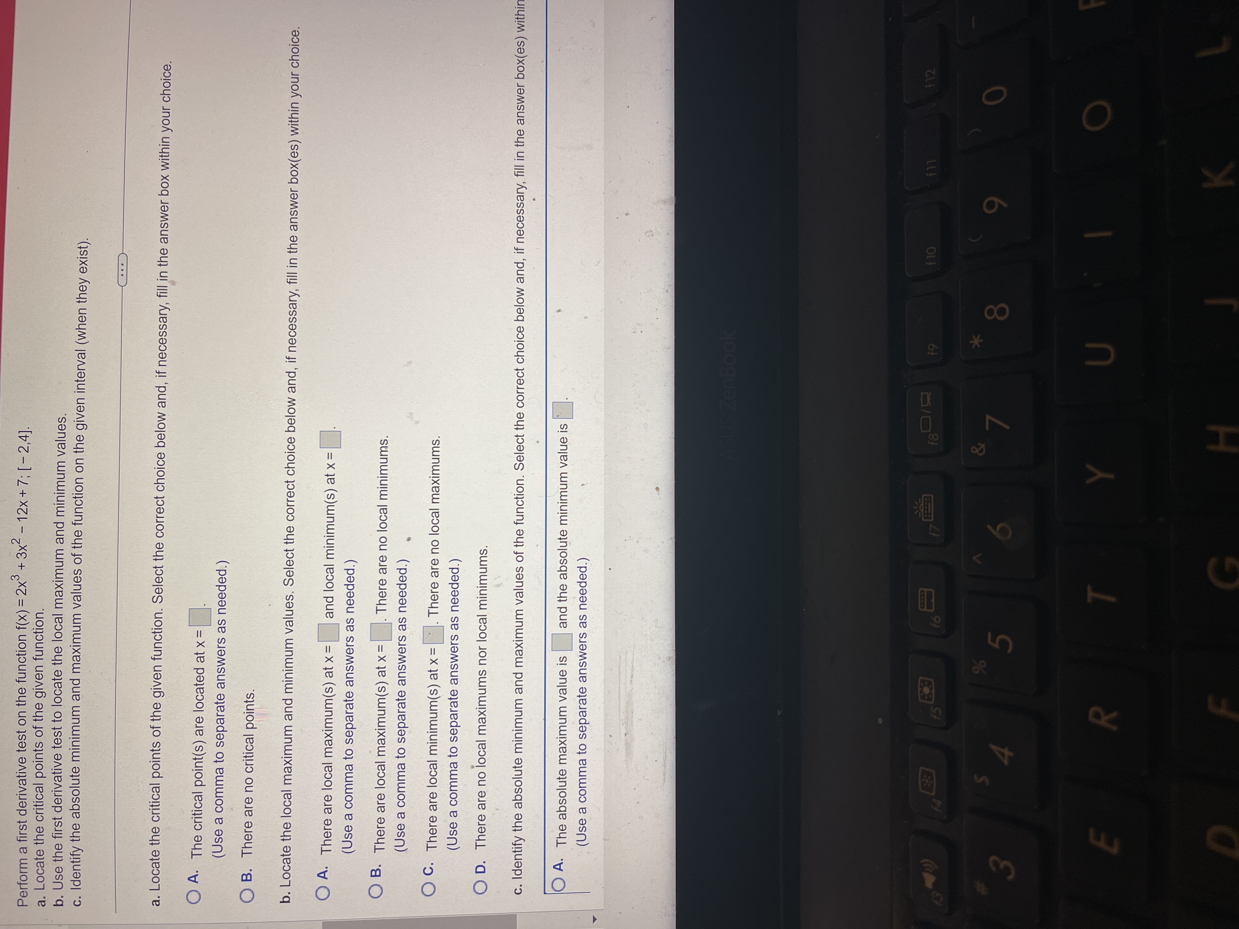 + 3x2 - 12x + 7; [ - 2,4]. a. Locate the