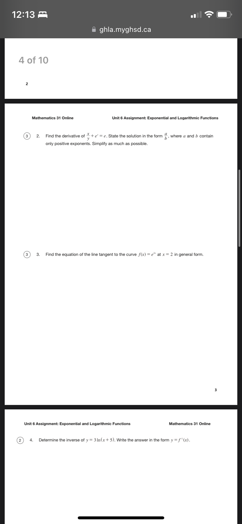 12:13 4 of 10 2 Mathematics 31 Online a ghla.myghsd.ca unit 6