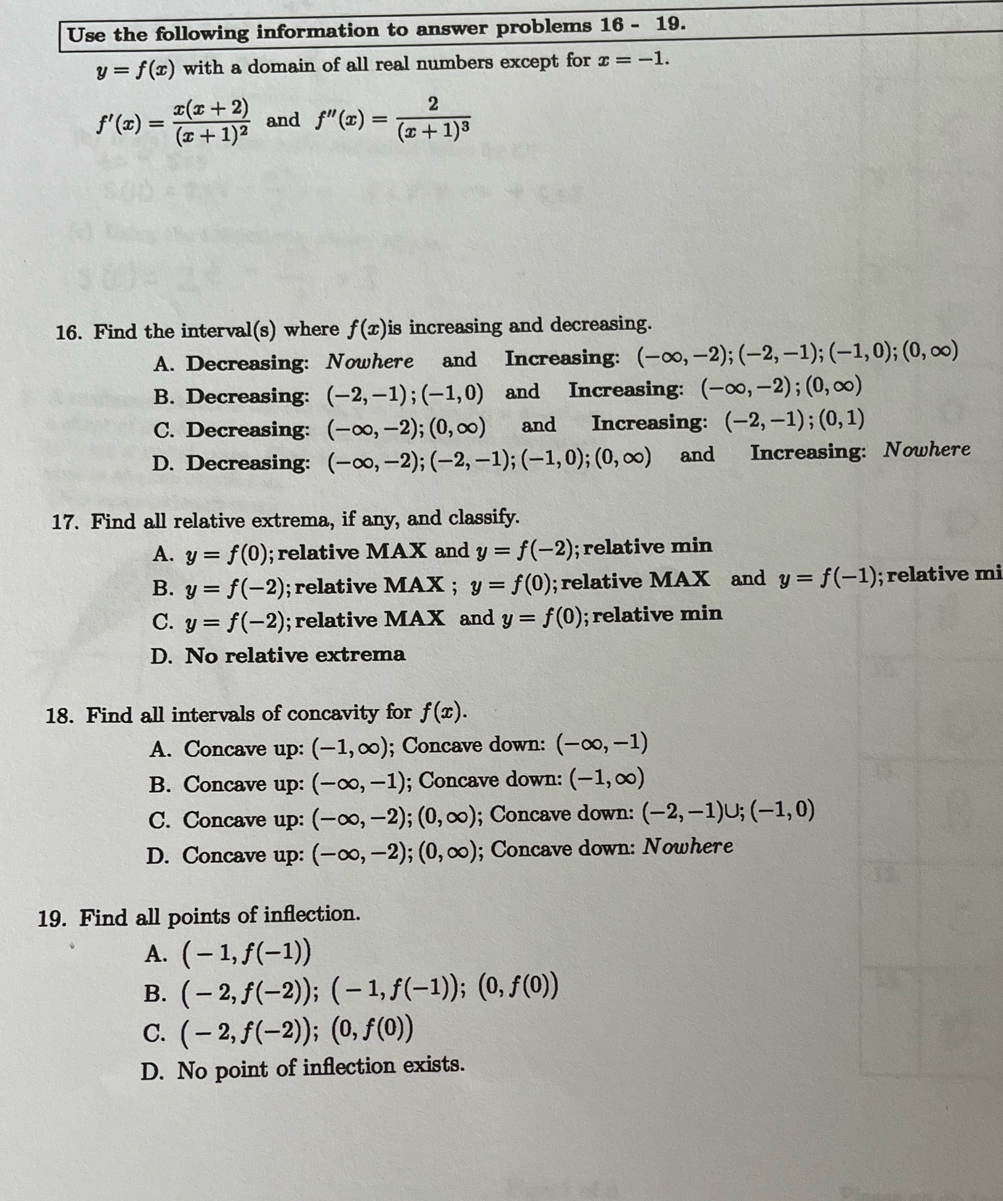  Use the following information to answer problems 16 - 19. y