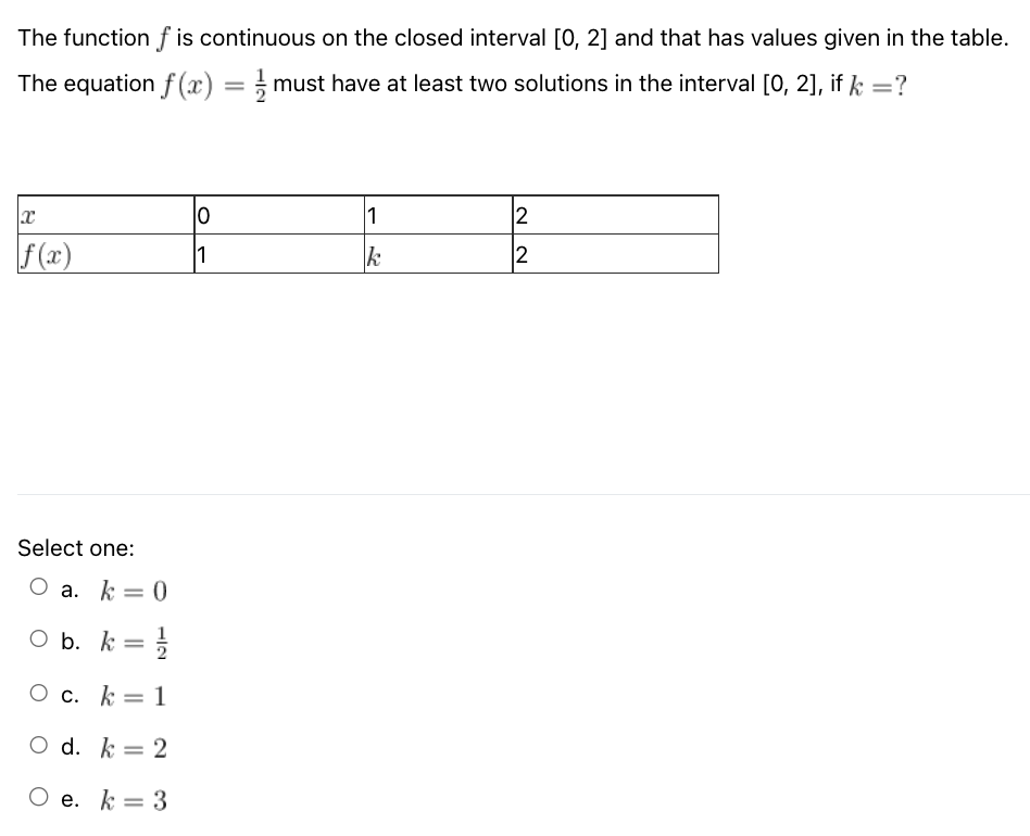  The function f is continuous on the closed interval [0, 2]