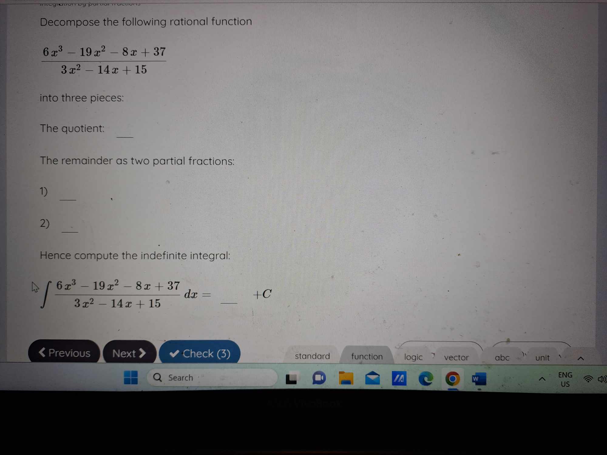 Decompose the following rational function 6x3 - 19x2 - 8x +