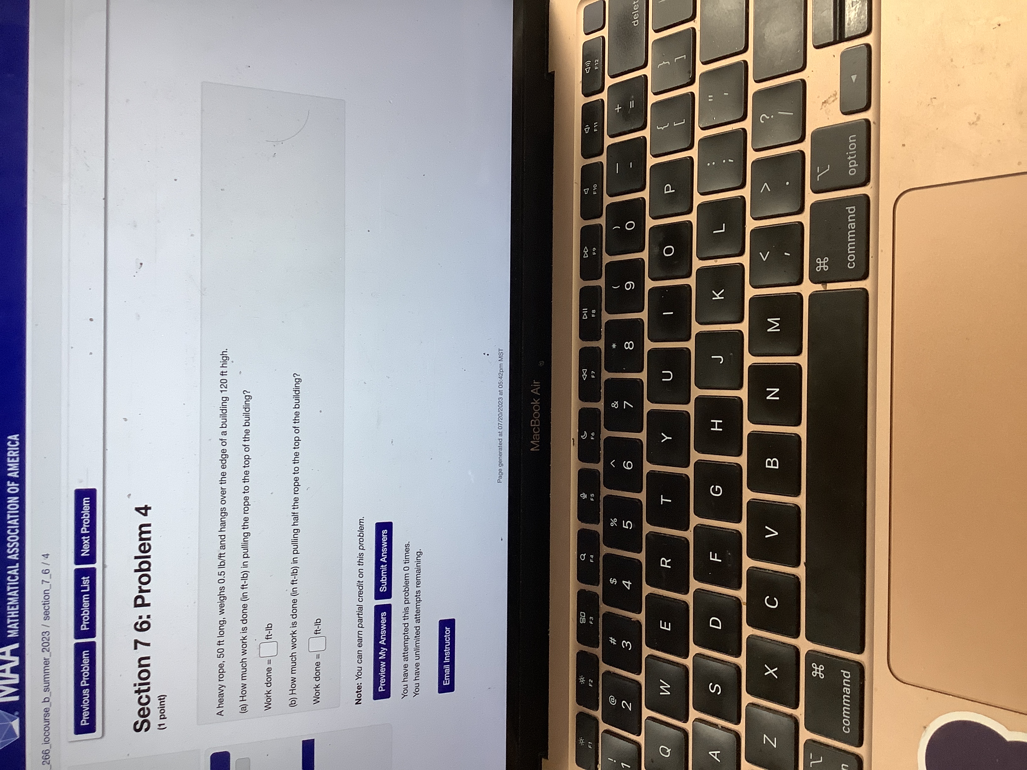 the origin, a force of cos (7x /7) newtons acts on it.