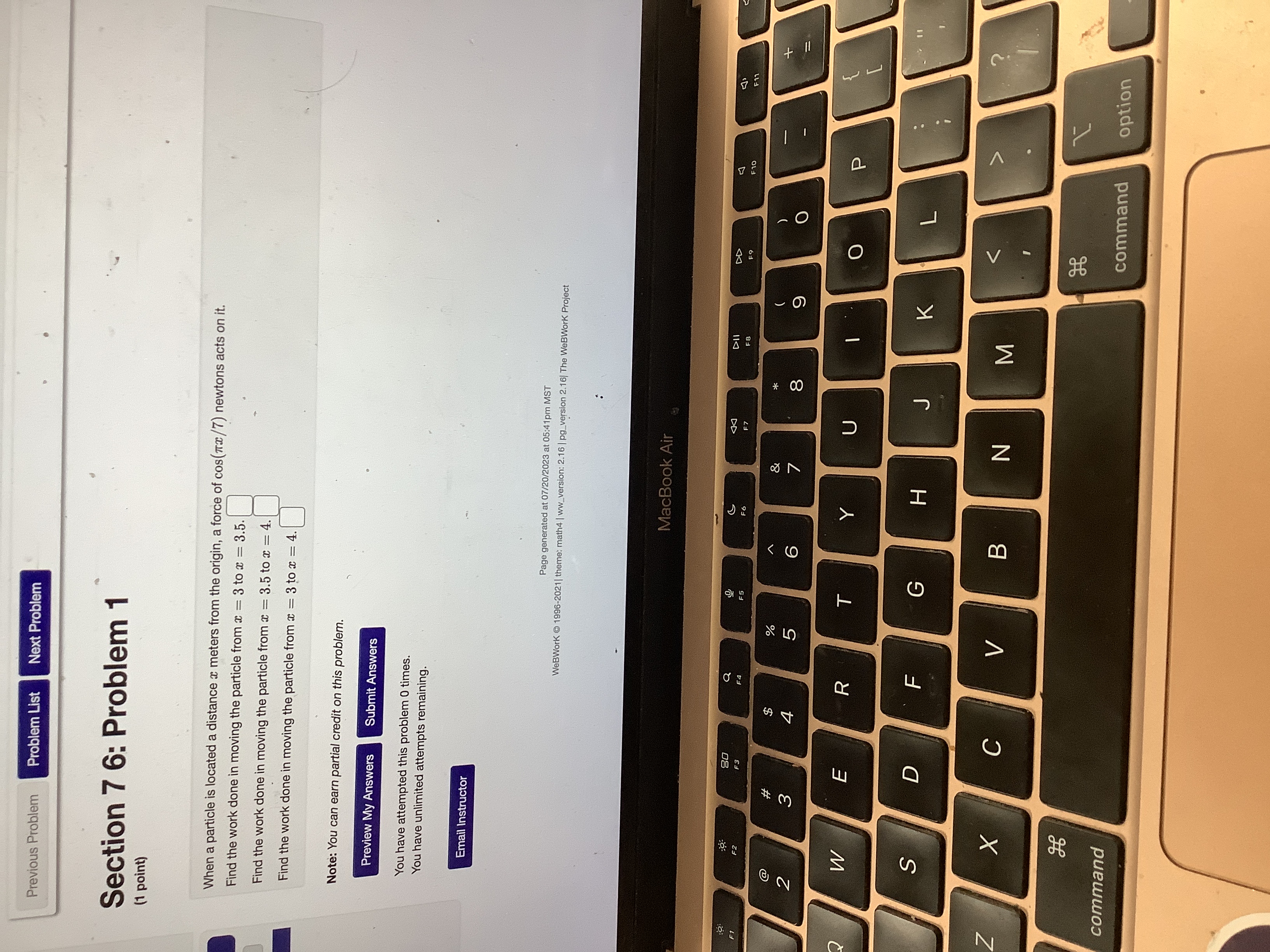 Find the work done in moving the particle from x = 3