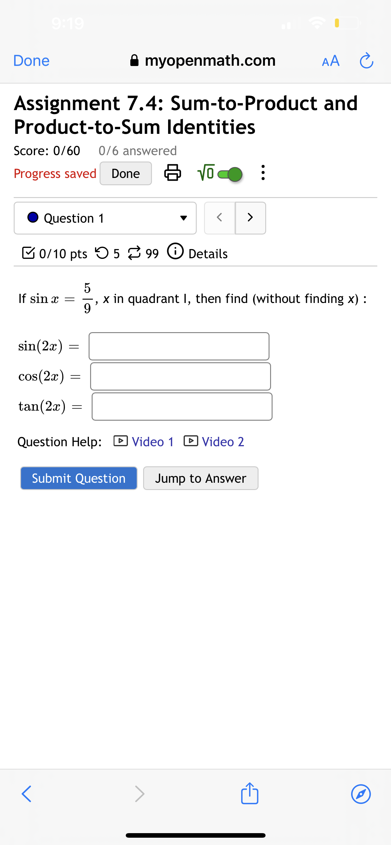 99 0 Details If csc(a) = 8, for 90 0/ 10 pts