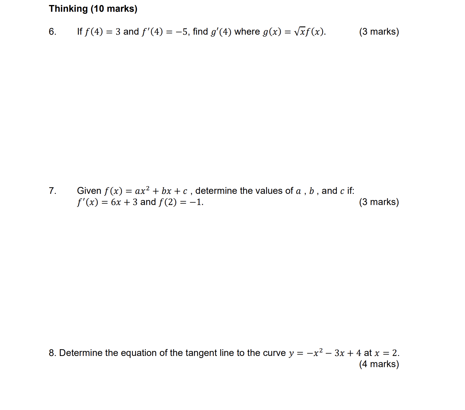b , and c if: f'(x) = 6x + 3 and f(2)