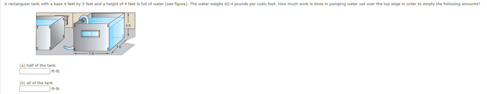 A rectangular tank with a base 4 feet by 5 feet