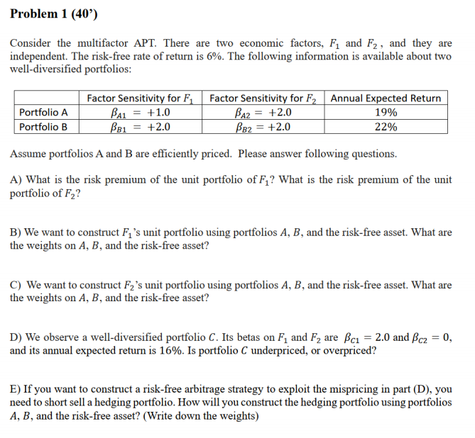 The question is attached. Problem I (40') Consider the multifactor APT. There