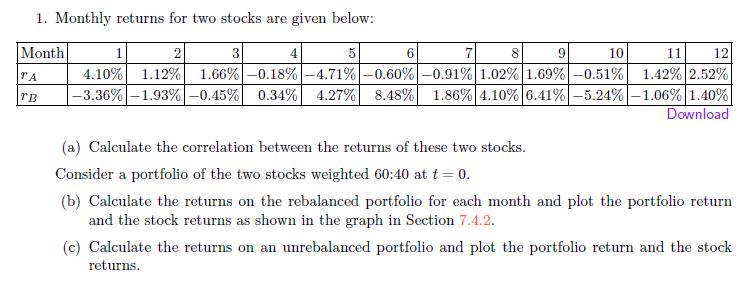 Month 1. Monthly returns for two stocks are given below: 1.86% 4.10%