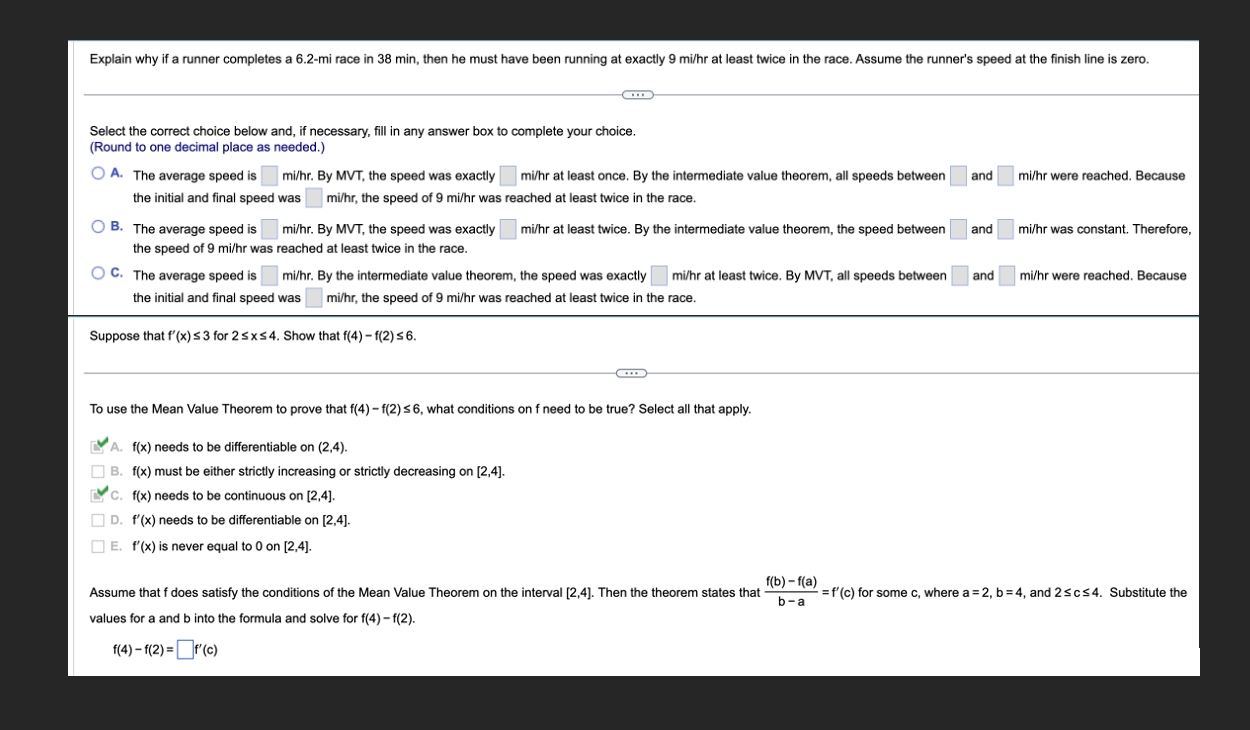 the mean value theorem for the function and interval shown below. Find