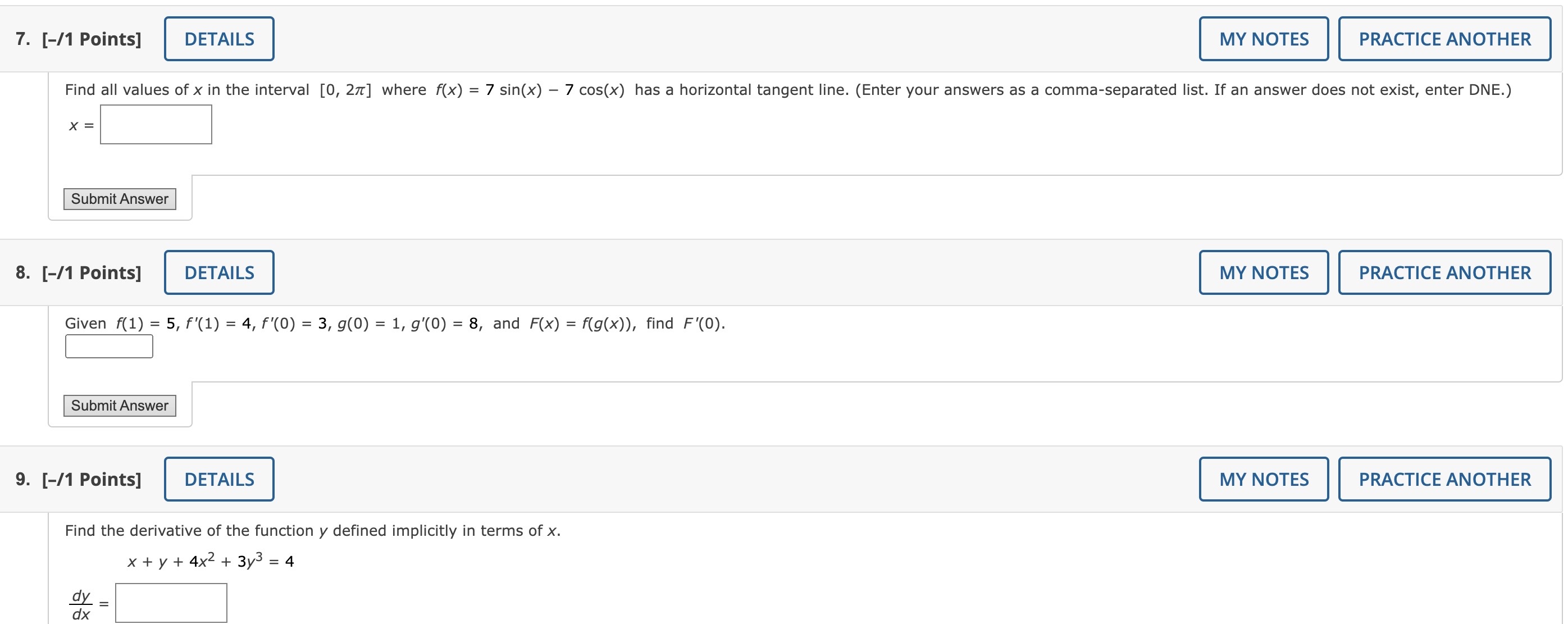  7. [I1 Points] DETAILS MY NOTES PRACTICE ANOTHER Find all values