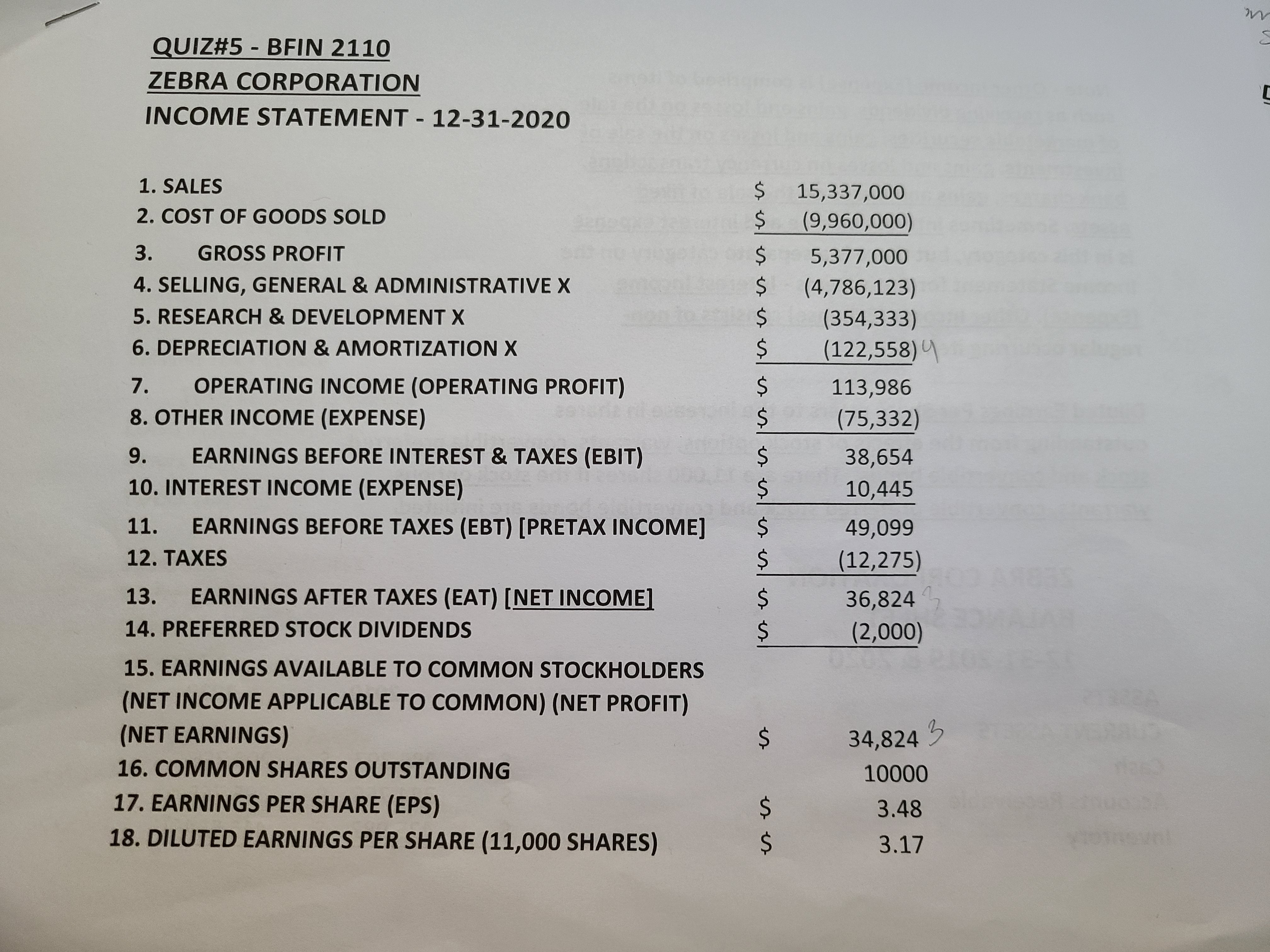COST OF GOODS SOLD (9,960,000) 3. GROSS PROFIT 5,377,000 4. SELLING, GENERAL