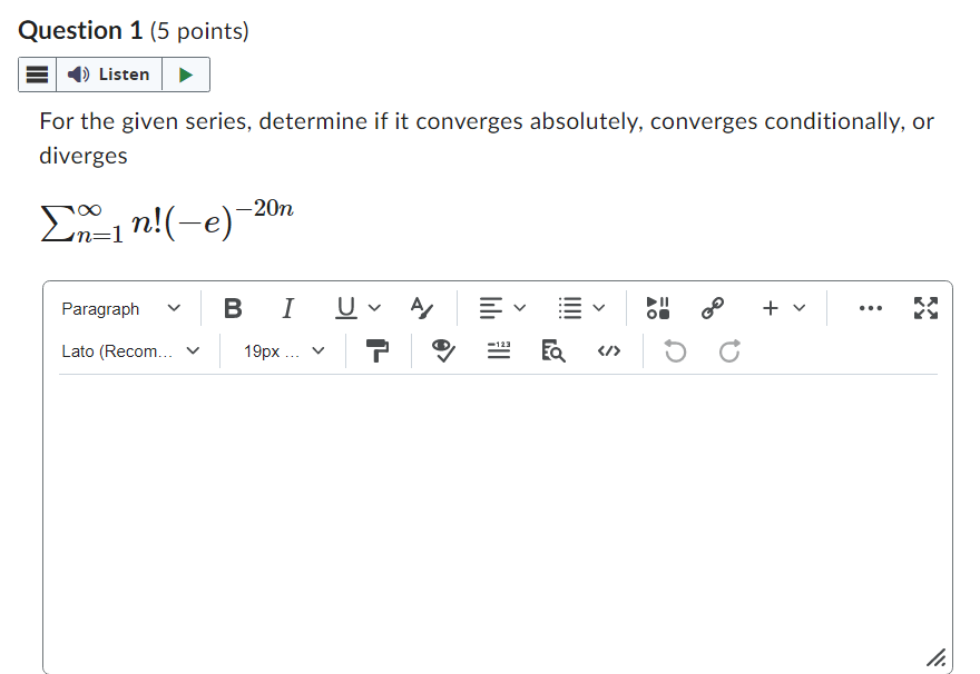 it converges absolutely, converges conditionally, or diverges Lin-In!(-e)-20n Paragraph v BIUVA v