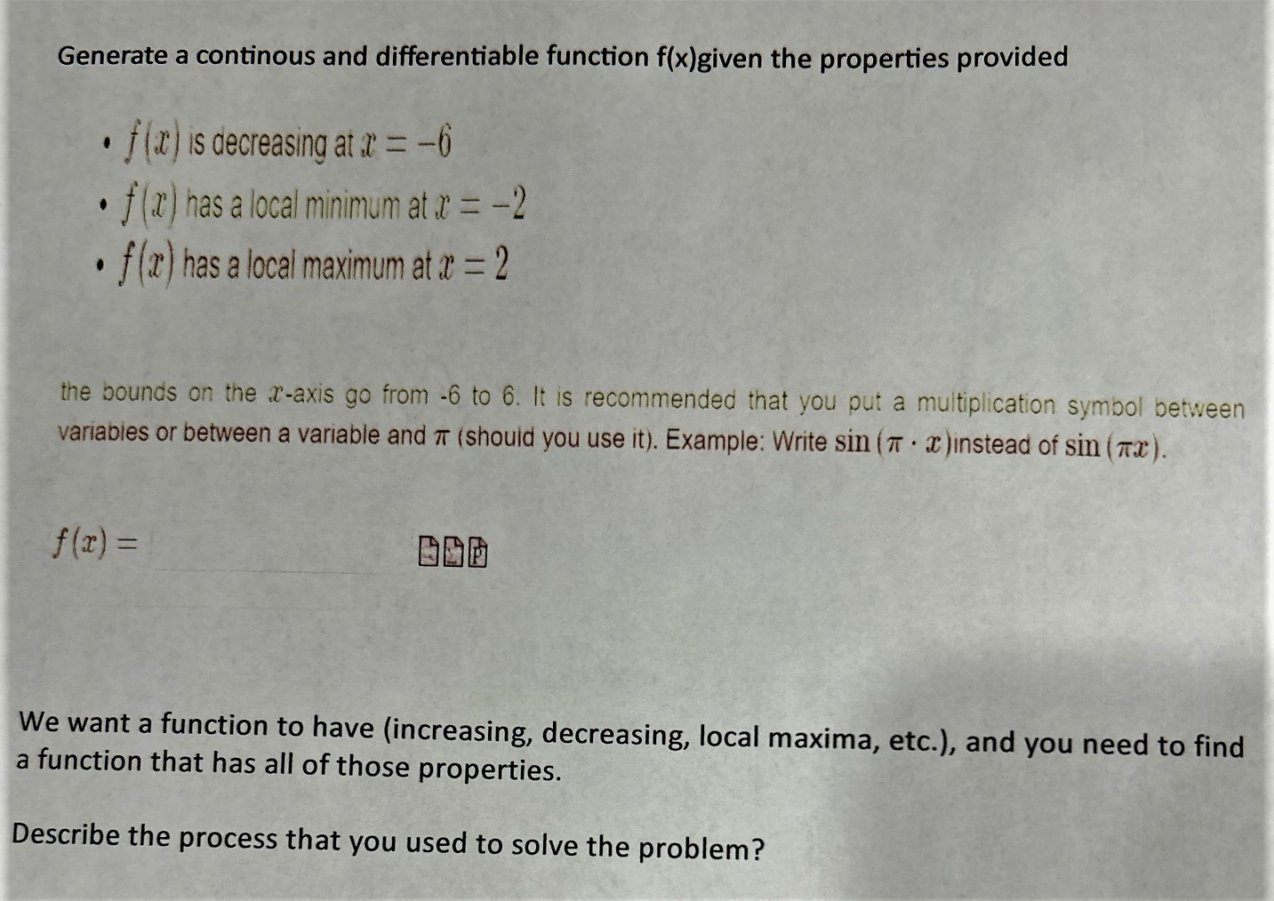  Generate a continous and differentiable function f(x)given the properties provided .