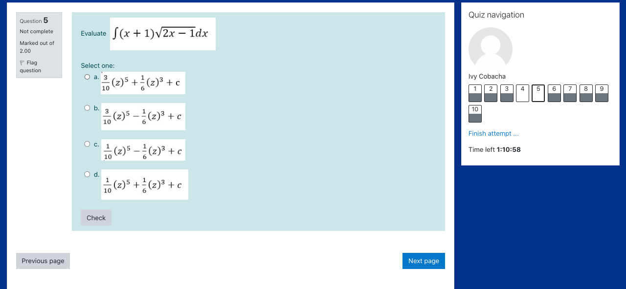  Quiz navigation Question 5 Not complete Evaluate S(x + 1)v2x -