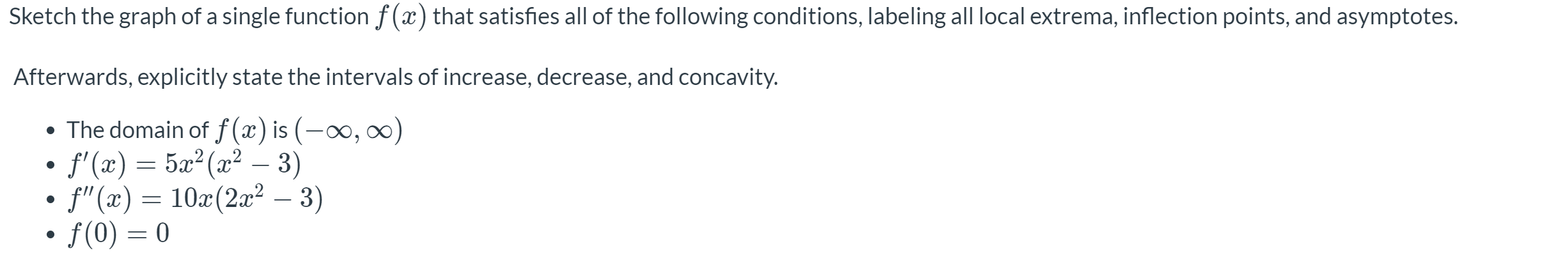 satisfies all of the following conditions, labeling all local extrema, inflection points,