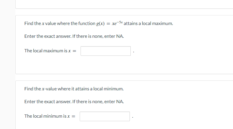  Find the x value where the function g(x) = xerox attains