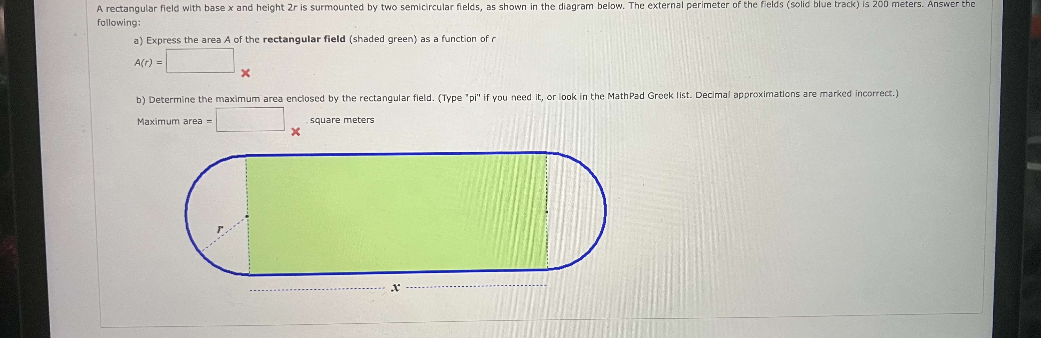 rectangle as a function of x A(X) = b) For all first
