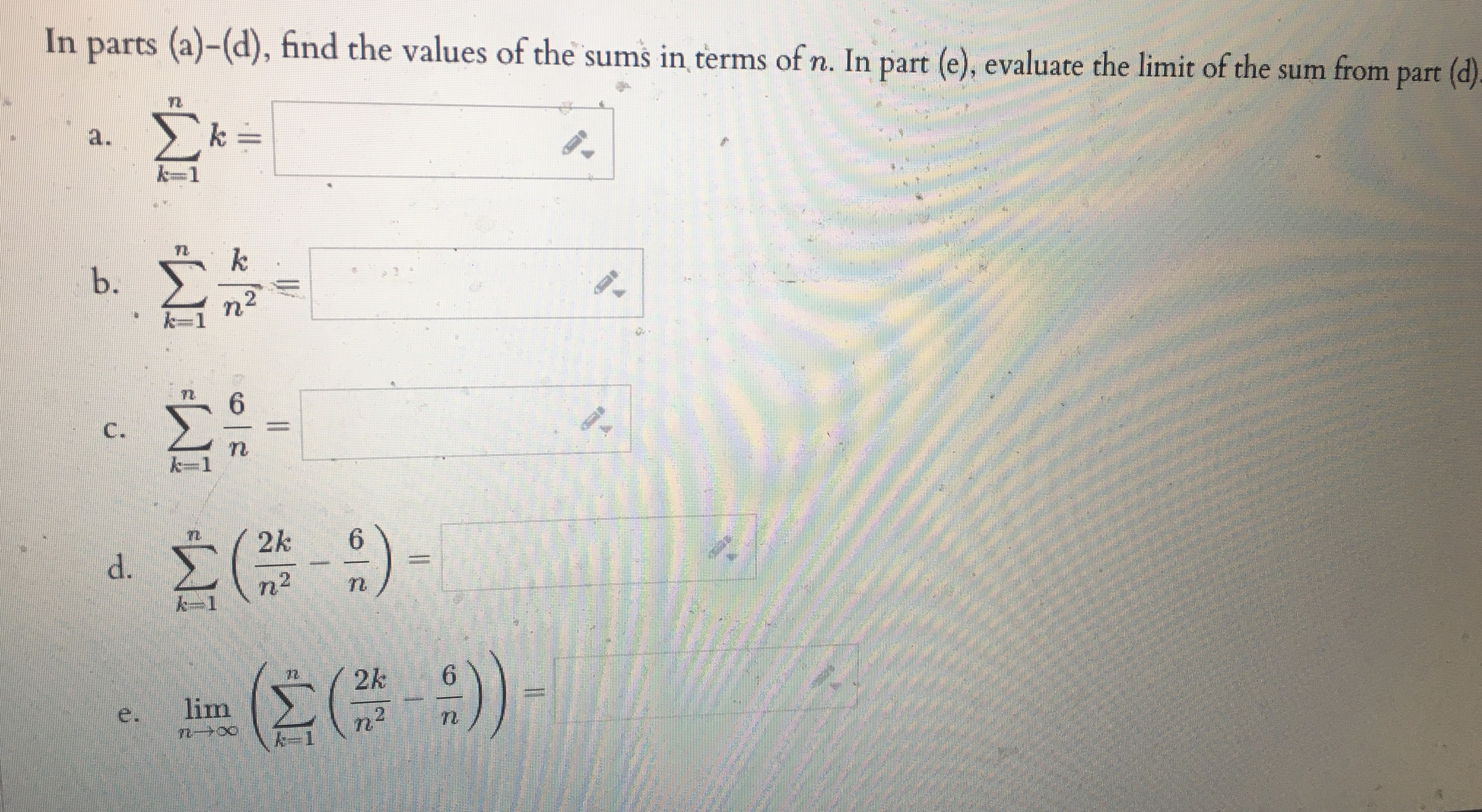 part (e)/ evalate the limit of the sum from part (d) 2k
