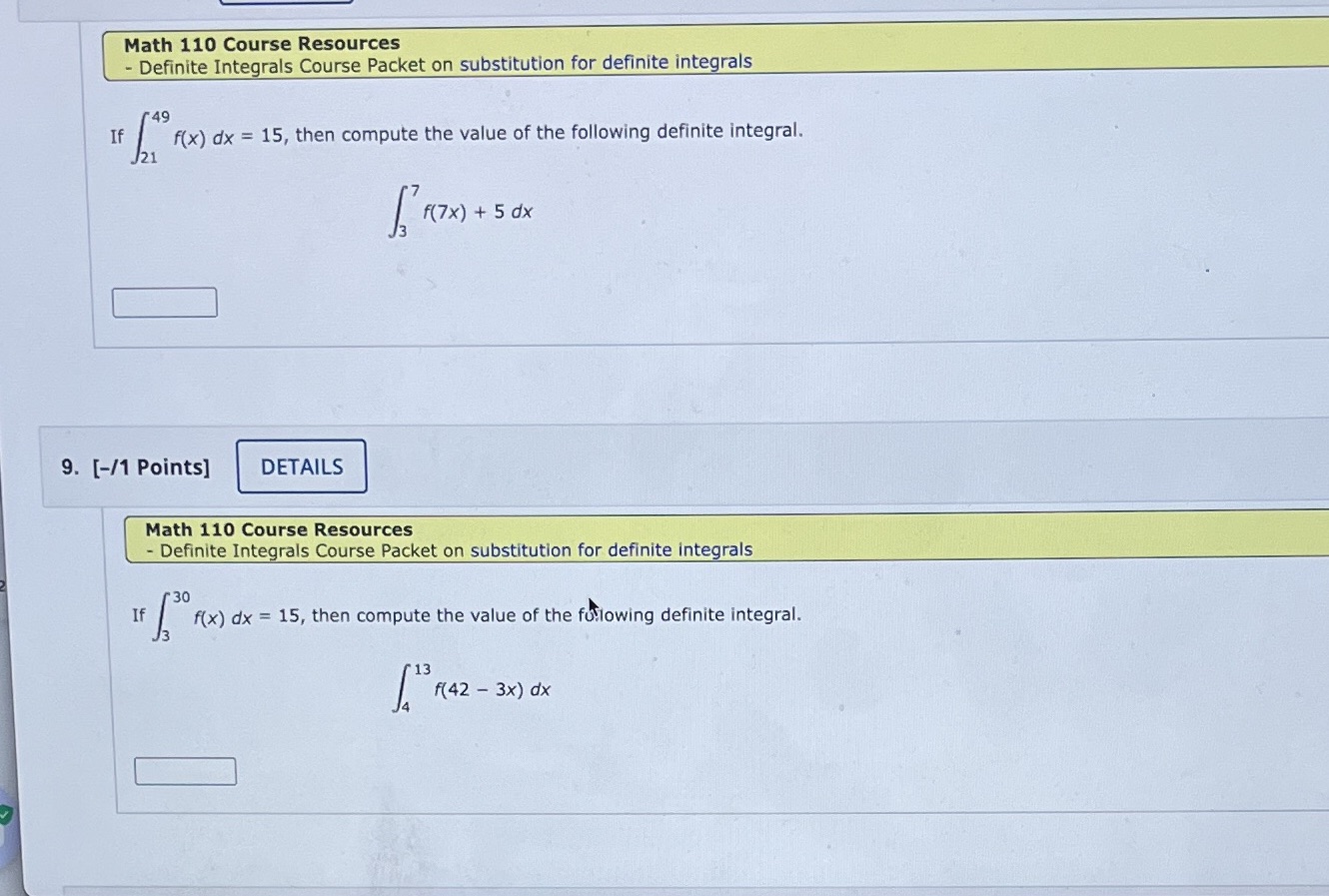  Math 110 Course Resources - Definite Integrals Course Packet on substitution