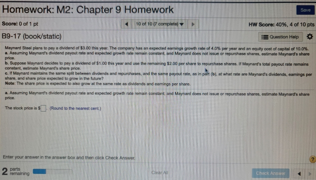 Answer to Questions Homework: M2: Chapter 9 Homework Save Score: 0 of