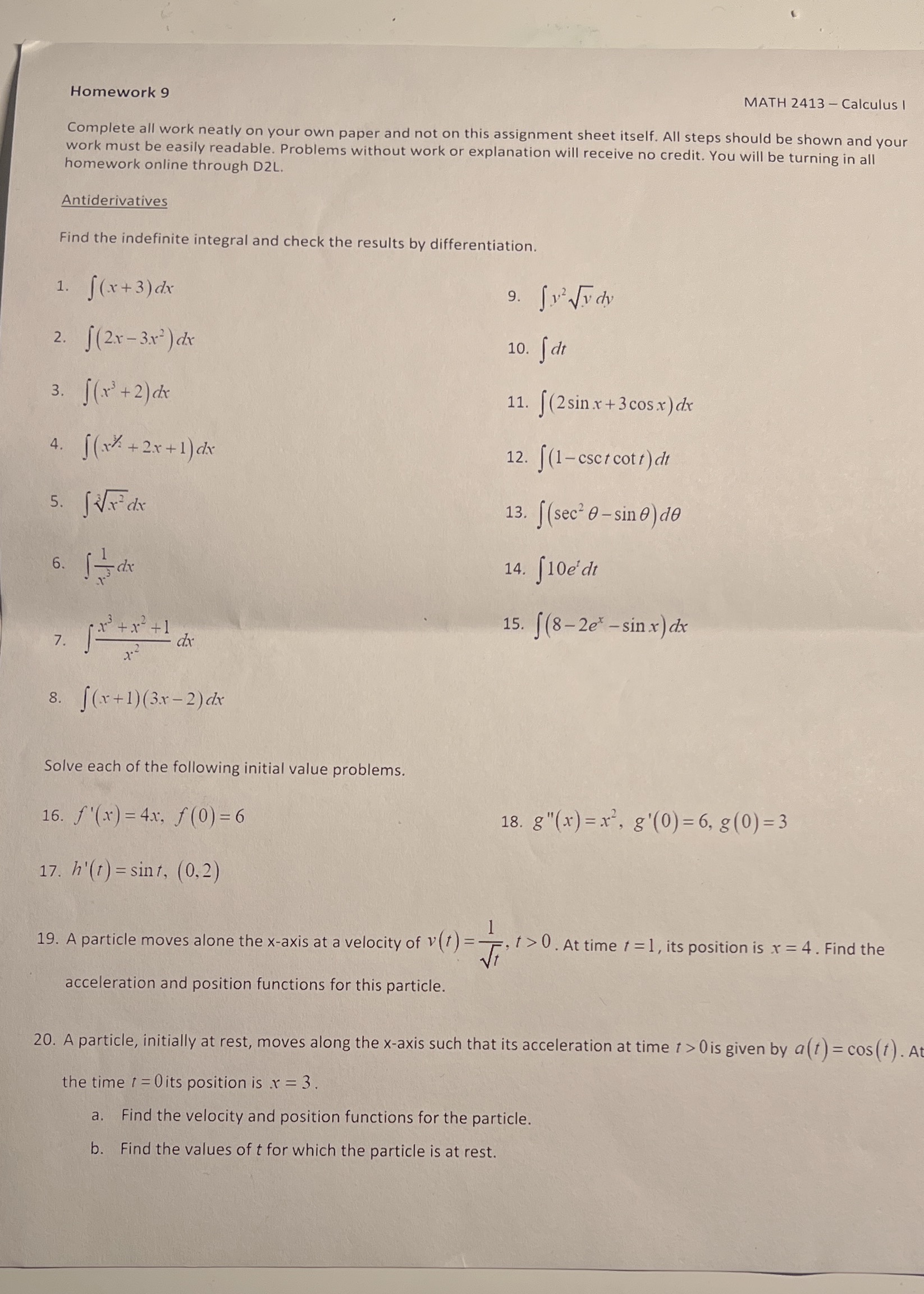 Homework 9 MATH 2413 - Calculus I Complete all work neatly