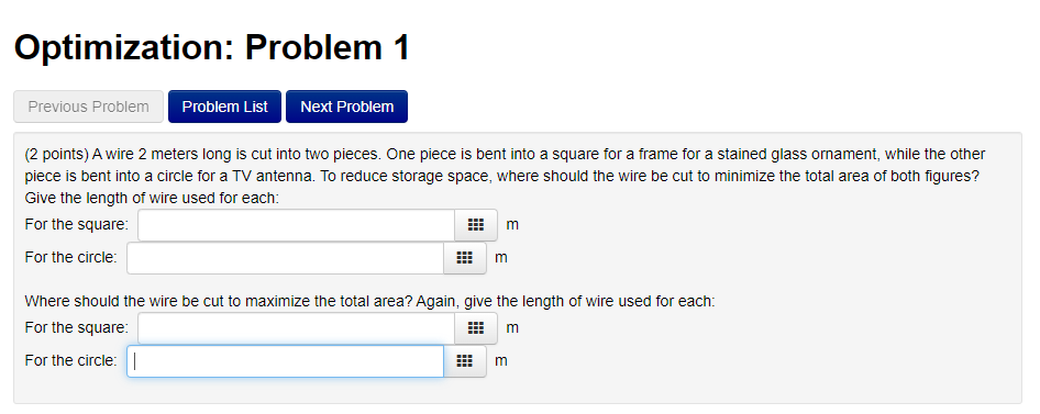  Optimization: Problem 1 Previous Problem Problem List Next Problem (2 points)