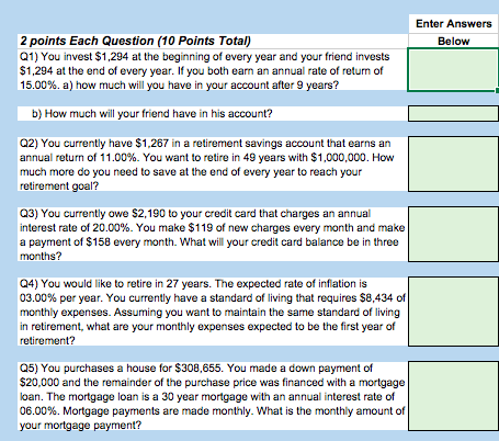 Enter Answers gel ow 2 points Each Question (10 Points Total) You