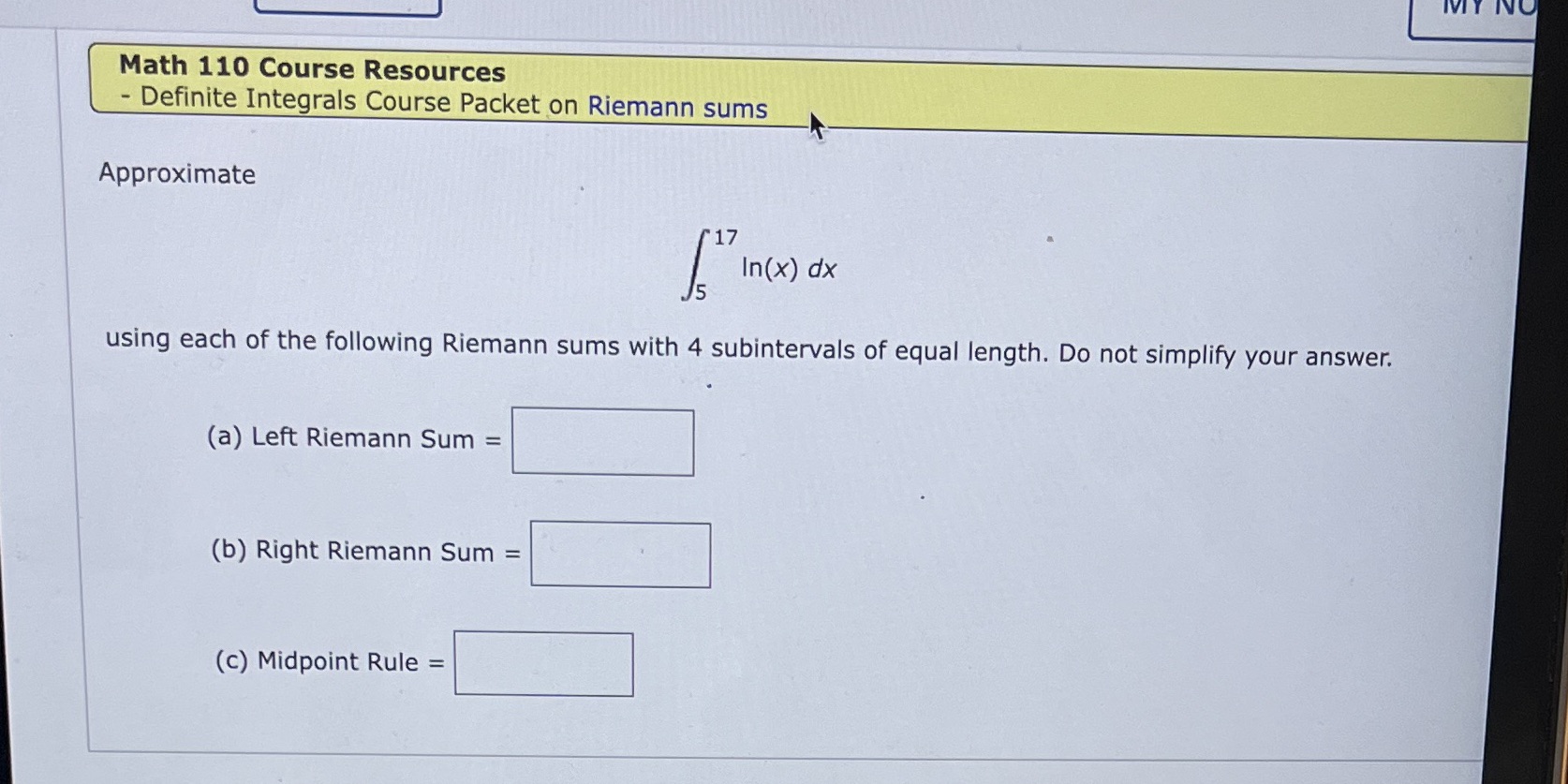  MY NO Math 110 Course Resources - Definite Integrals Course Packet