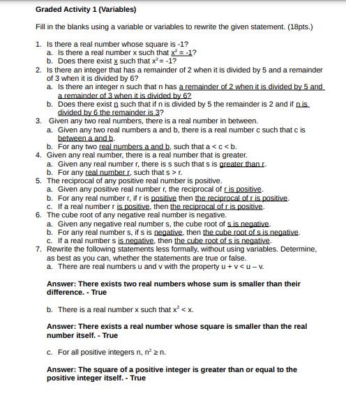 Graded Activity 1 (Variables) Fill in the blanks using a variable