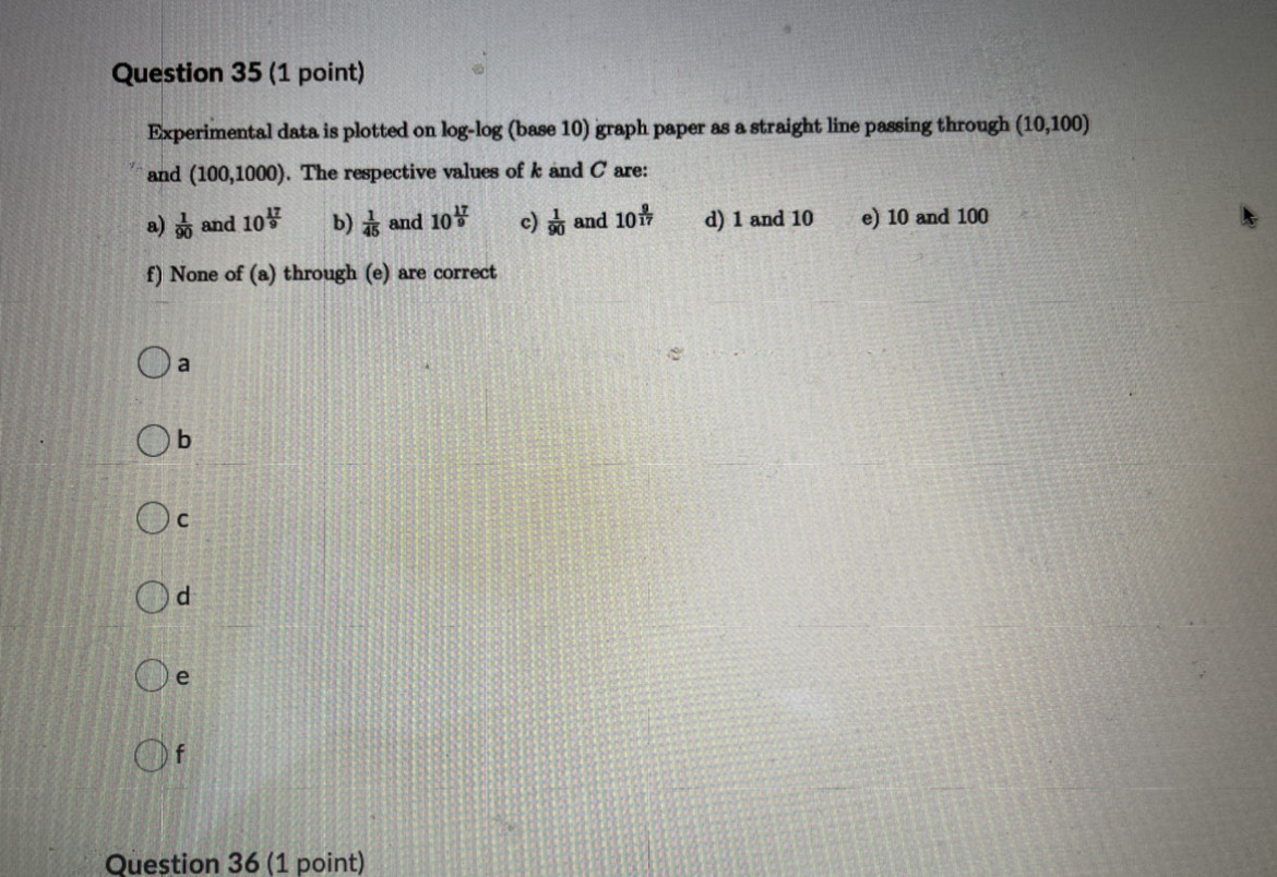  Question 35 (1 point) Experimental data is plotted on log-log (base