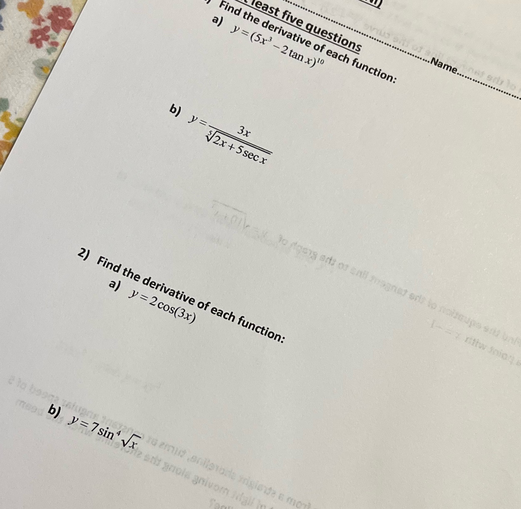 Find the derivative without using l'hospitals rule. ".... ... .........cocococo coco.....Name........................ least