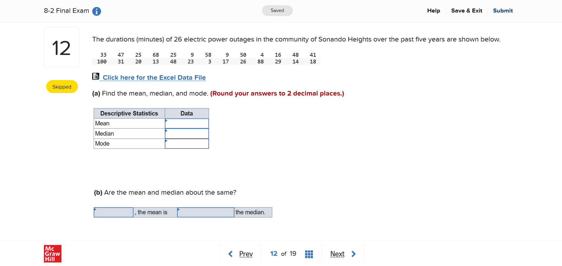 (minutes) of 26 electric power outages in the community of Sonando Heights