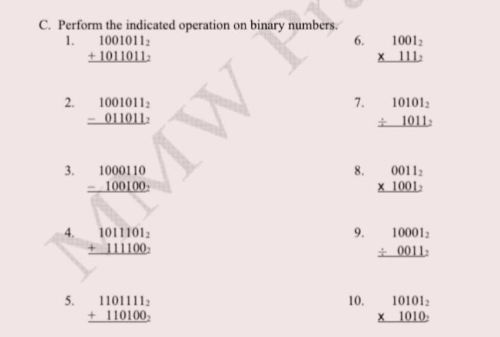 C. Perform the indicated operation on binary numbers. 2. 3. 4. 5.