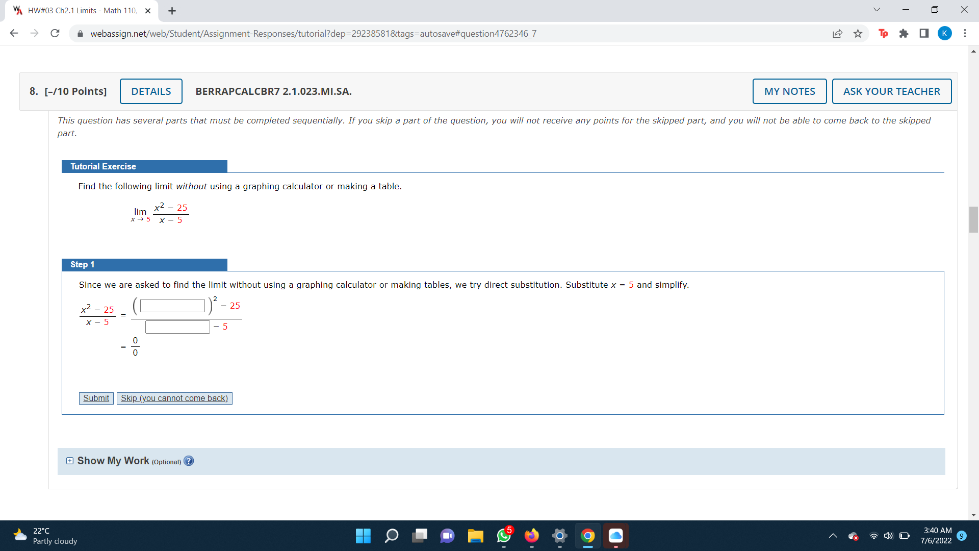 VA HW#03 Ch2.1 Limits - Math 110, x + V X