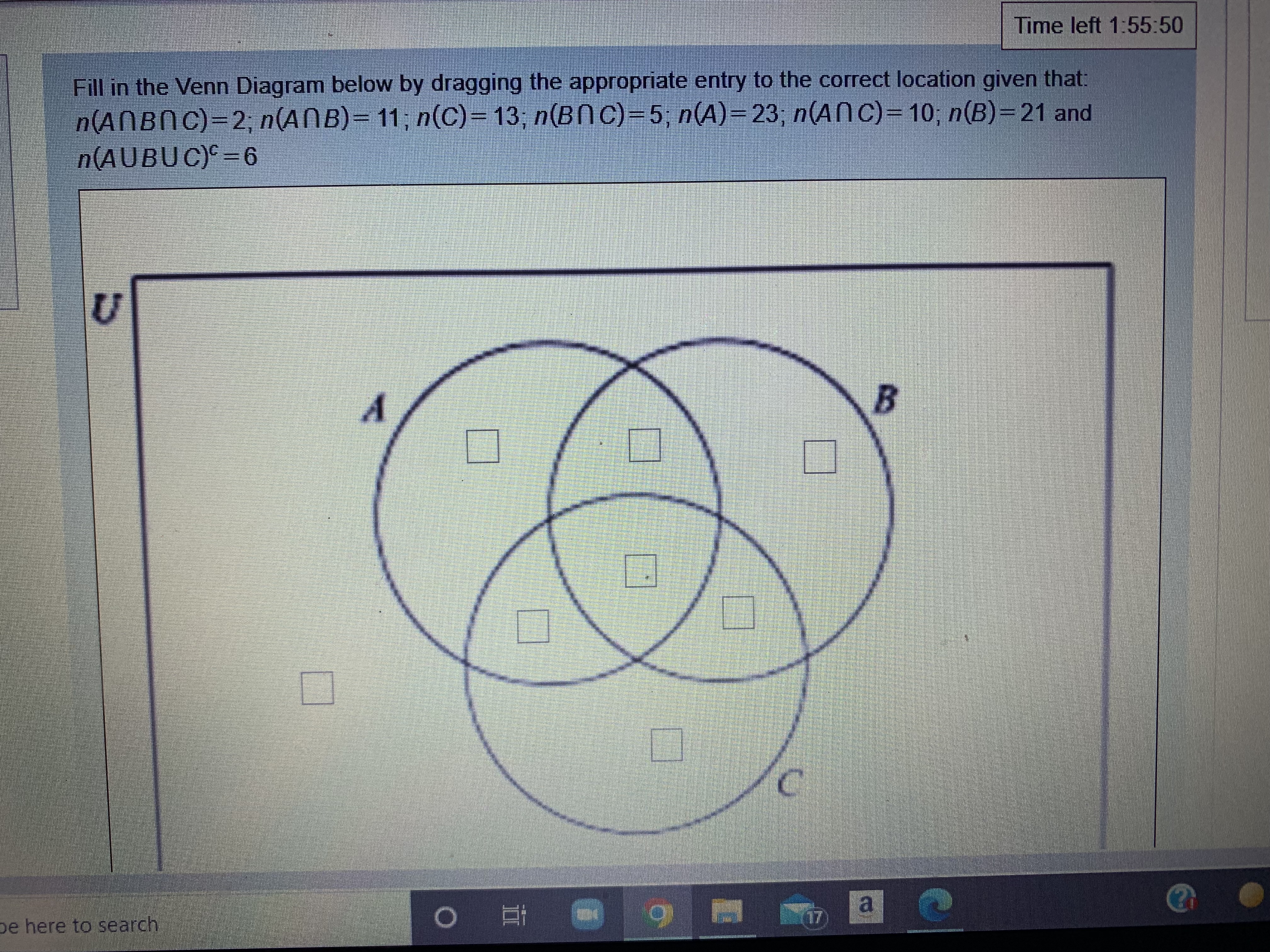 to the correct location given that: n(AnBNC)-2; n(AnB)= 11; n(C)= 13; m(BNC)-5,