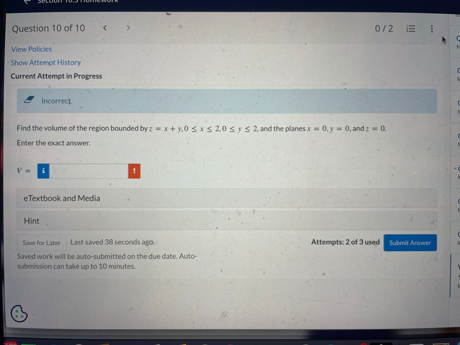 O O eTextbook and Media Hint ve for Later 1 dz dxdy