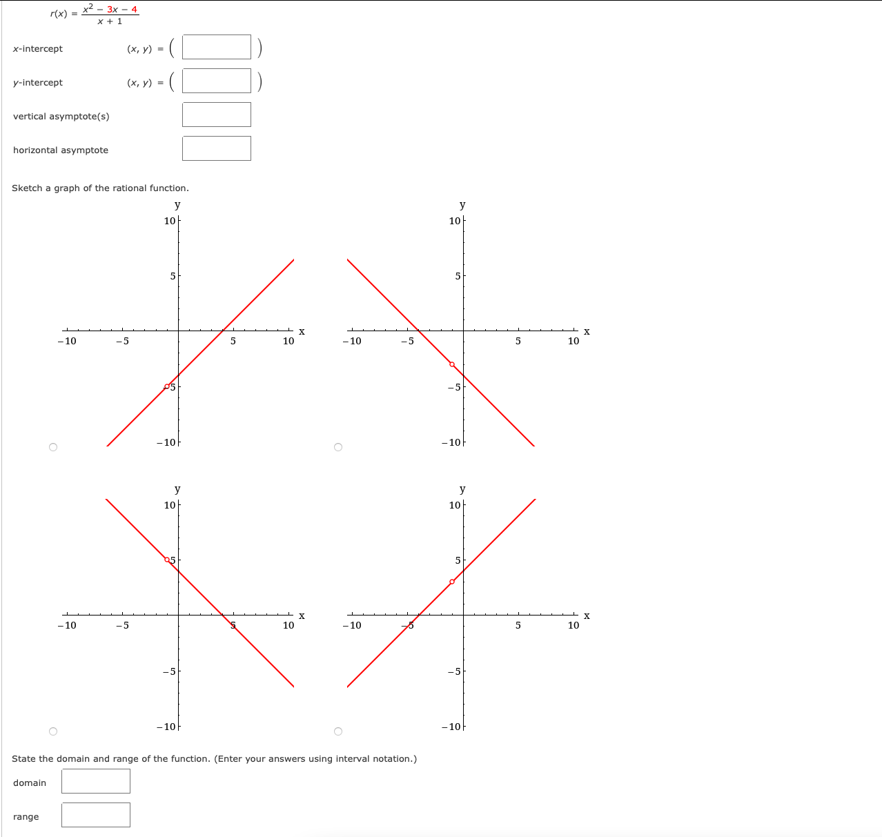 -2 -2 -4 O State the domain and range. (Enter your answers