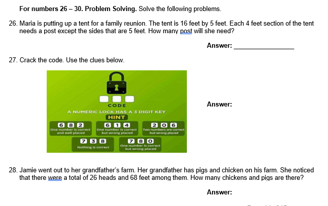 need help For numbers 26- 30. Problem Solving. Solve the following problems.