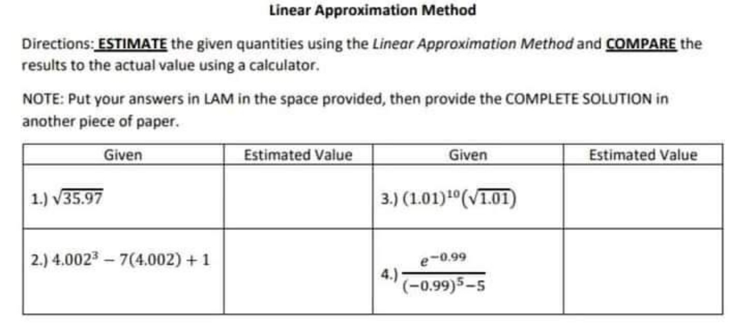 Answer please Linear Approximation Method Directions: ESTIMATE the given quantities using the