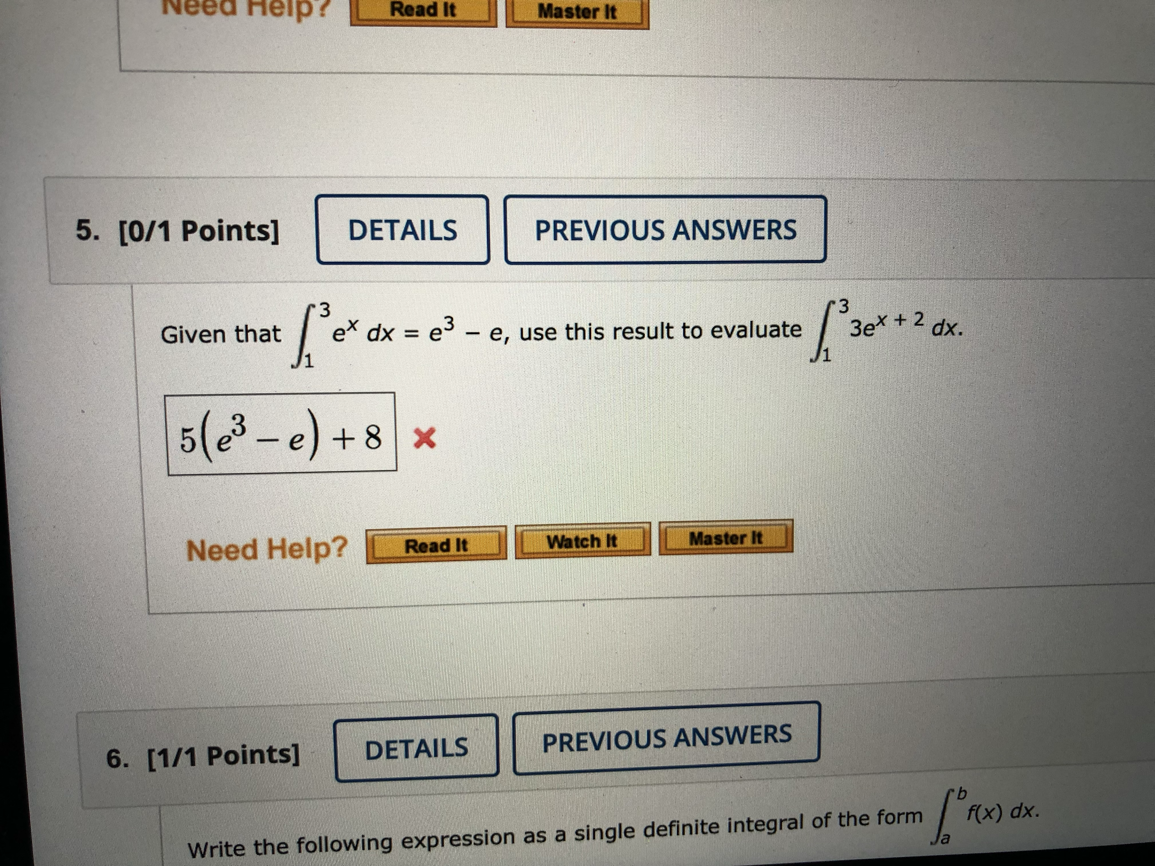 to evaluate 1 3ex + 2 dx. 5(e3 - e) +8 x
